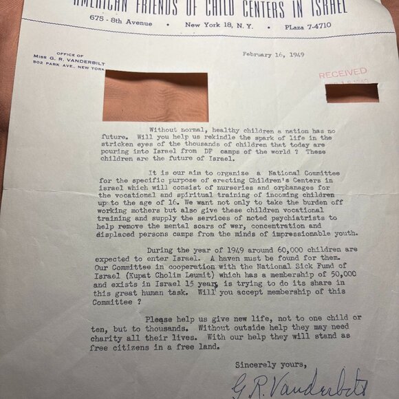 Miss G. R. Gloria Vanderbilt Signed Autograph Letter 1949 – New York - Israel - Picture 1 of 1